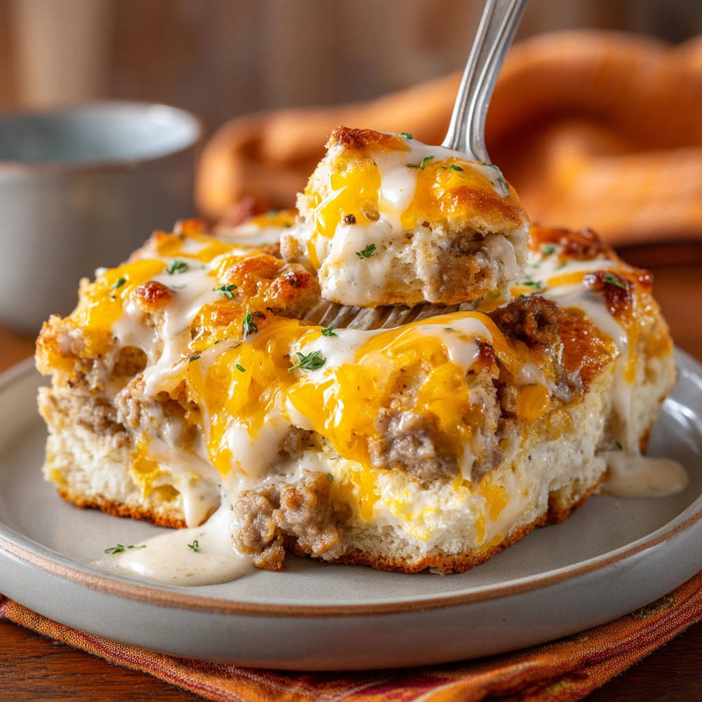 Sausage gravy and biscuit bake with a fork lifting a cheesy, saucy piece from the top.