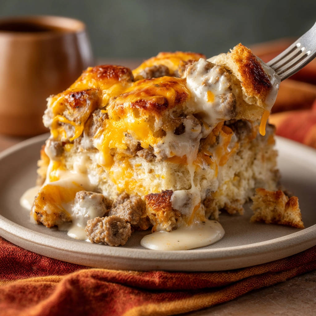 Sausage Gravy & Biscuit Bake with a fork lifting a cheesy, saucy slice from the dish.