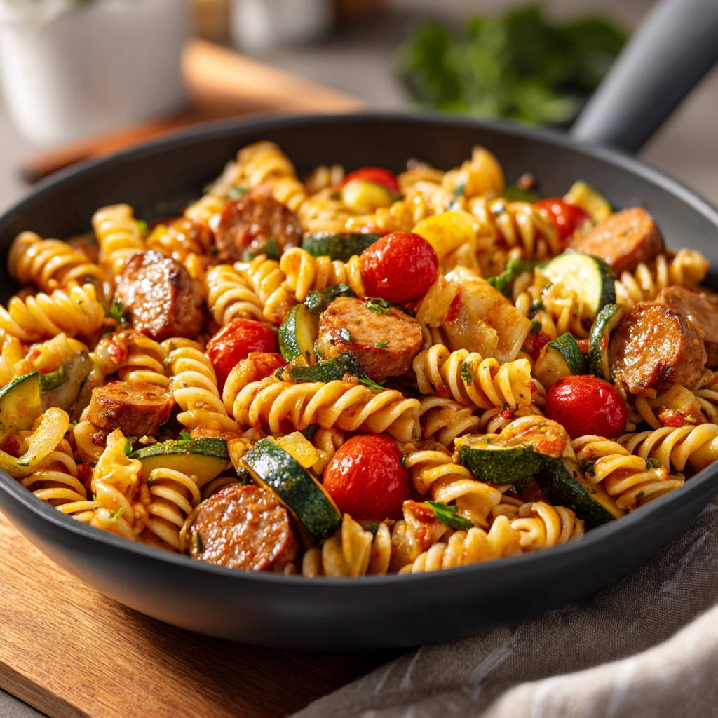 Sausage and zucchini pasta in a skillet, showing a close-up view of the spiral pasta, sliced sausage, and cherry tomatoes.