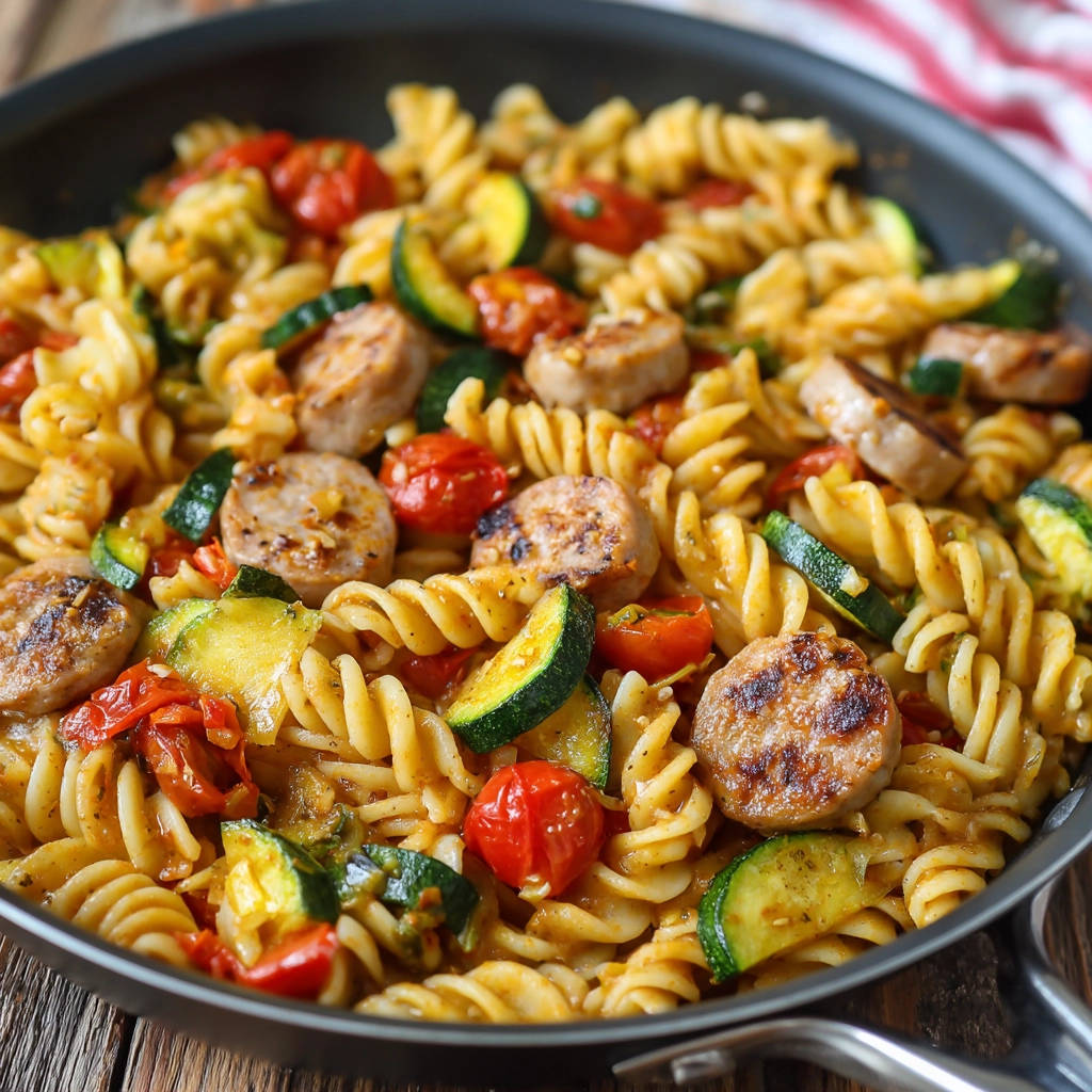 Sausage and zucchini pasta in a skillet, showcasing fusilli noodles with grilled sausage and cherry tomatoes.