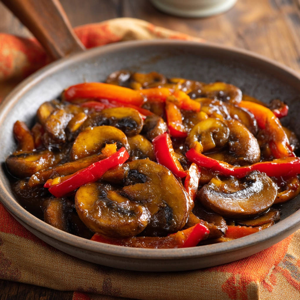 Sauteed mushrooms and peppers shown in a close-up view within a skillet with a glossy sauce.
