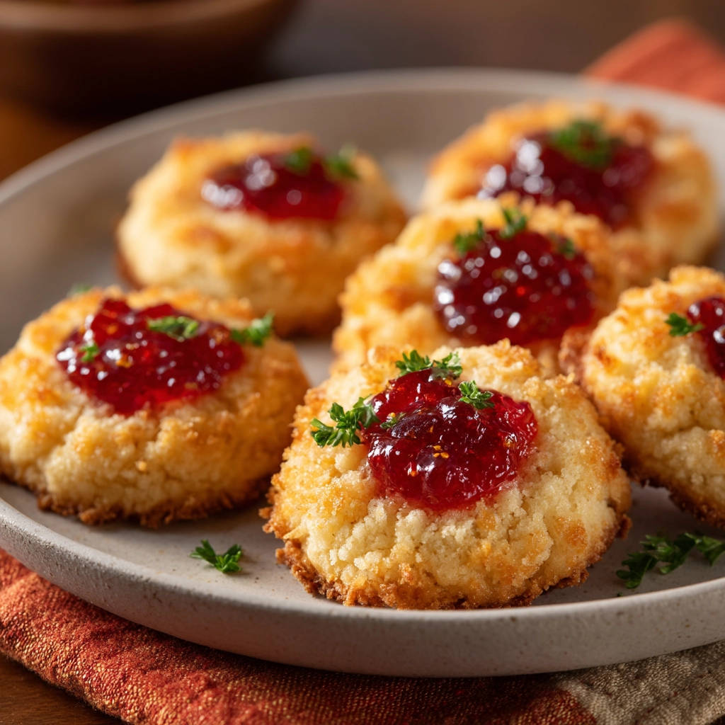 Savory herb jam biscuits topped with bright red jam and fresh green parsley garnish.
