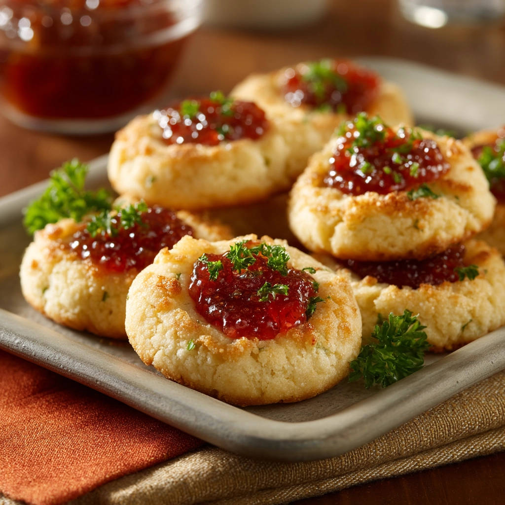 Savory herb jam biscuits are shown up close with a glistening jam topping and fresh parsley garnish.
