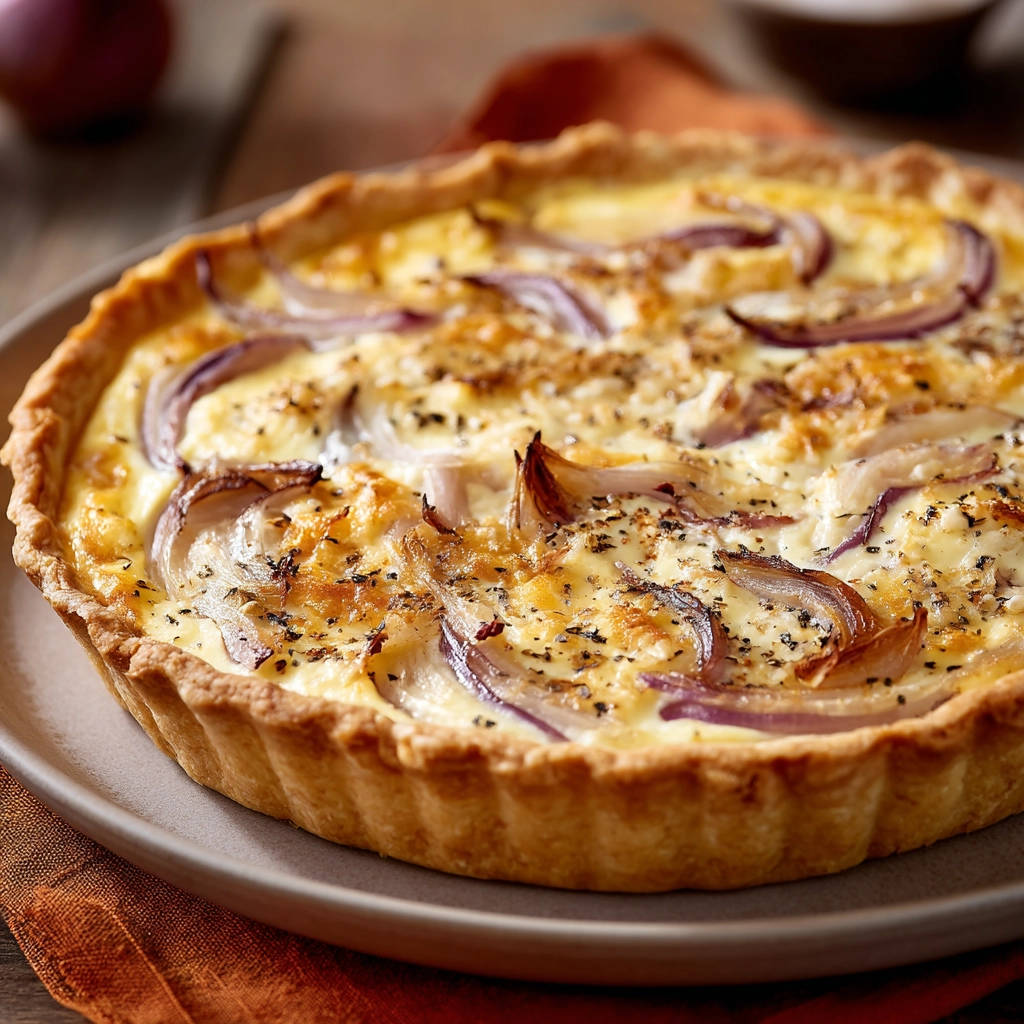 Savory onion tart with a golden crust and red onion slices baked in a creamy custard filling.