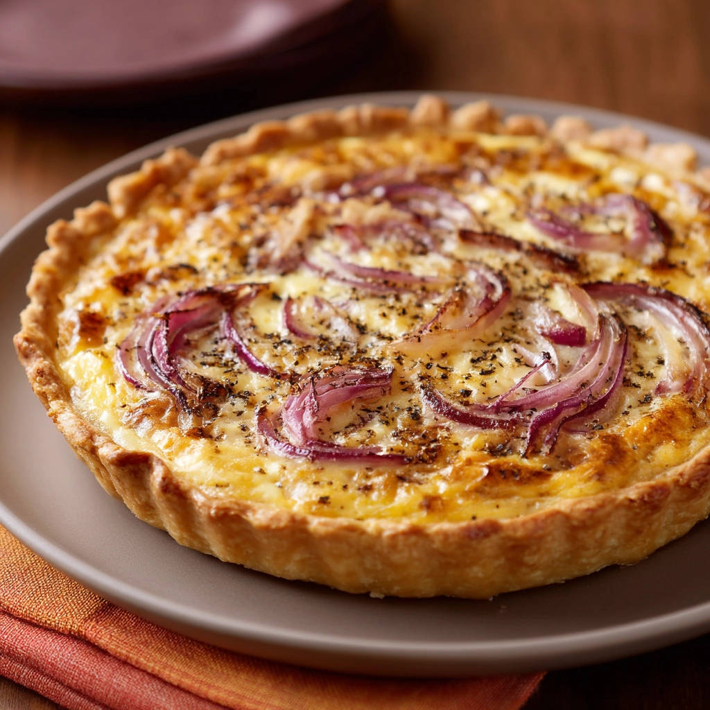 Savory onion tart with a golden crust and visible red onion slices on top, sprinkled with herbs.