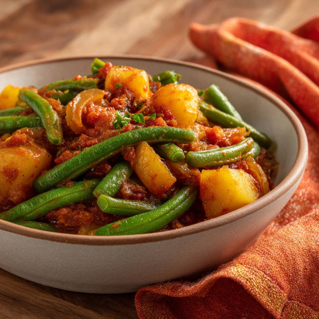 Savory potato and green bean stew in a bowl, showing the texture of the chunky potatoes and vibrant green beans in a rich tomato sauce.
