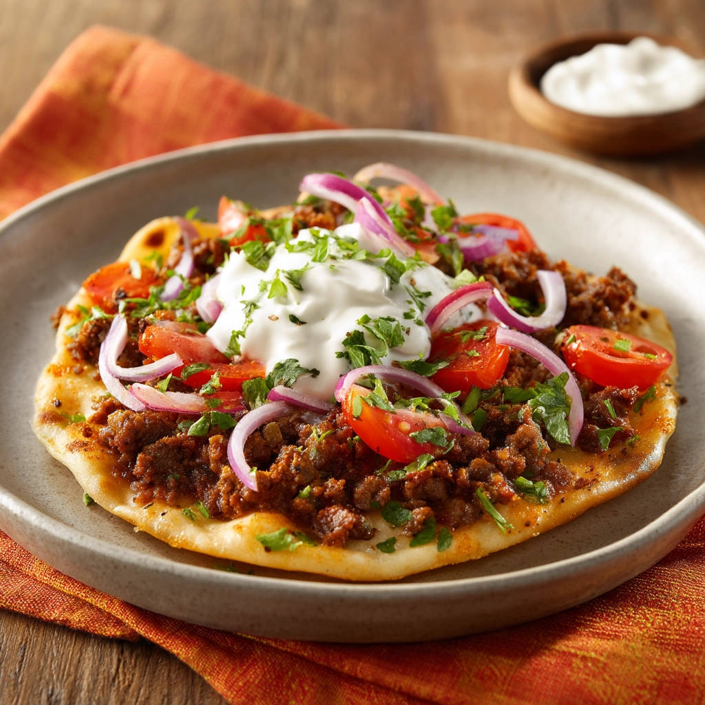 Savory spiced meat flatbread plated with a dollop of sour cream and fresh herbs.