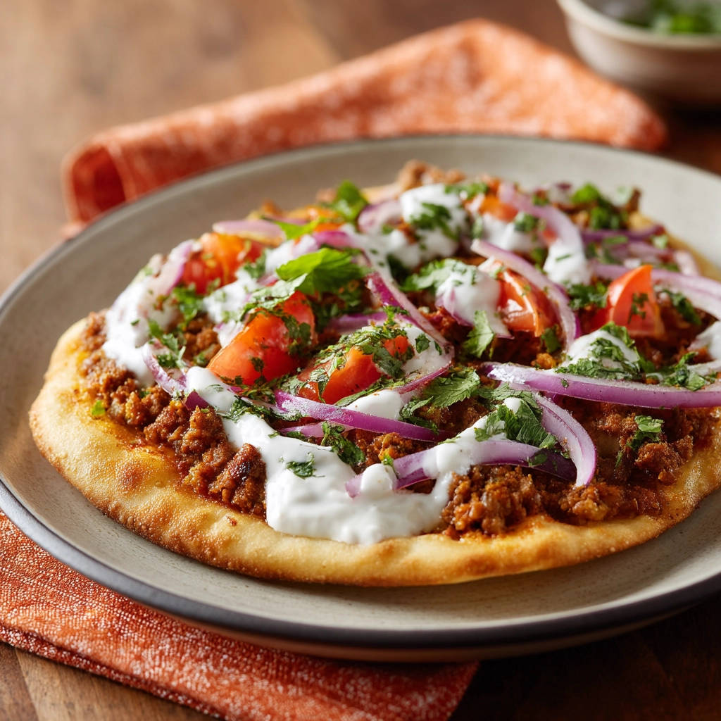 Savory spiced meat flatbread topped with yogurt sauce, fresh tomatoes, red onion, and cilantro on a plate.