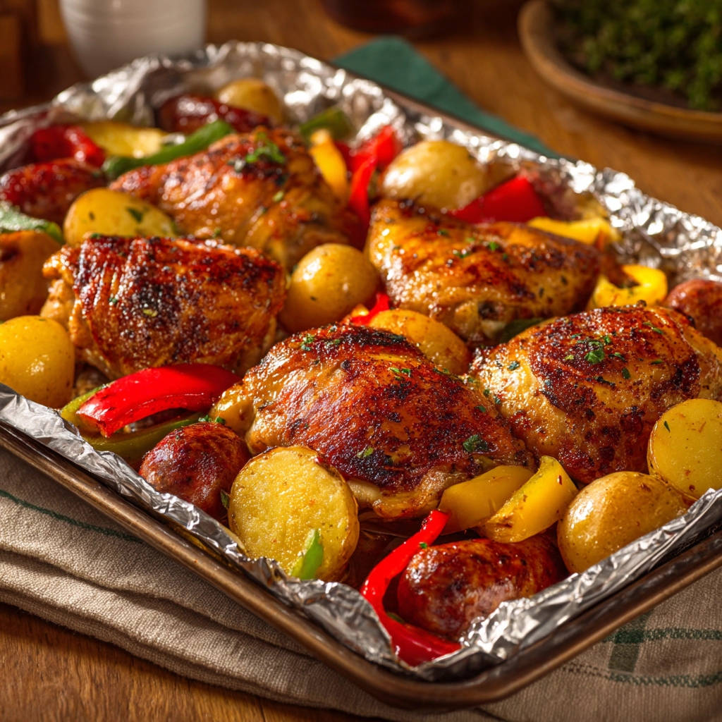 Sheet pan chicken and sausage roast featuring golden chicken thighs, potatoes, and peppers arranged in a foil-lined baking tray.