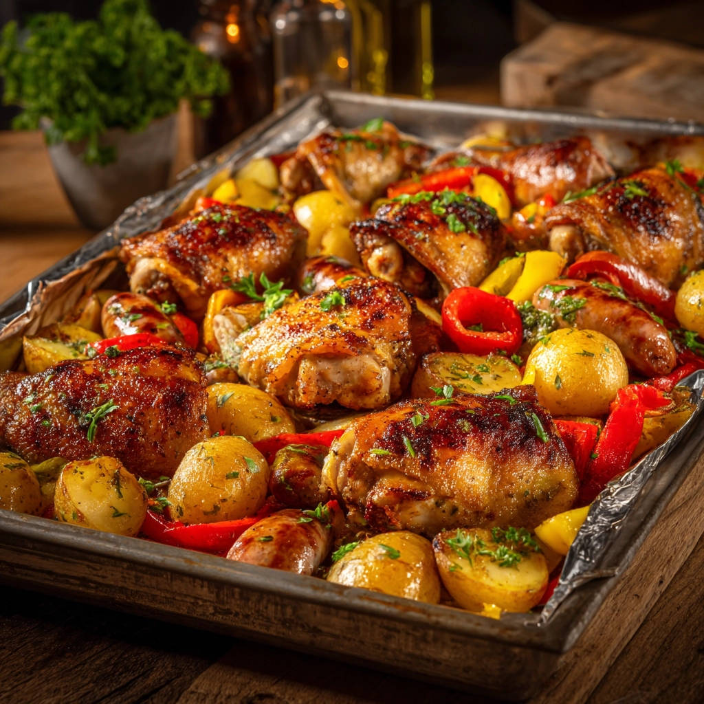 Sheet pan chicken and sausage roast with potatoes and peppers, presented in a foil-lined baking tray from an overhead perspective.