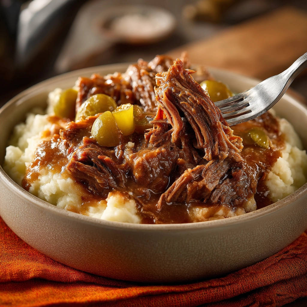 Shredded beef dinner with mashed potatoes, a fork lifting a juicy portion with green pickle relish.