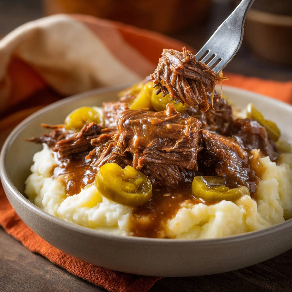 Shredded beef dinner with mashed potatoes and green peppers, a forkful is lifted up close.