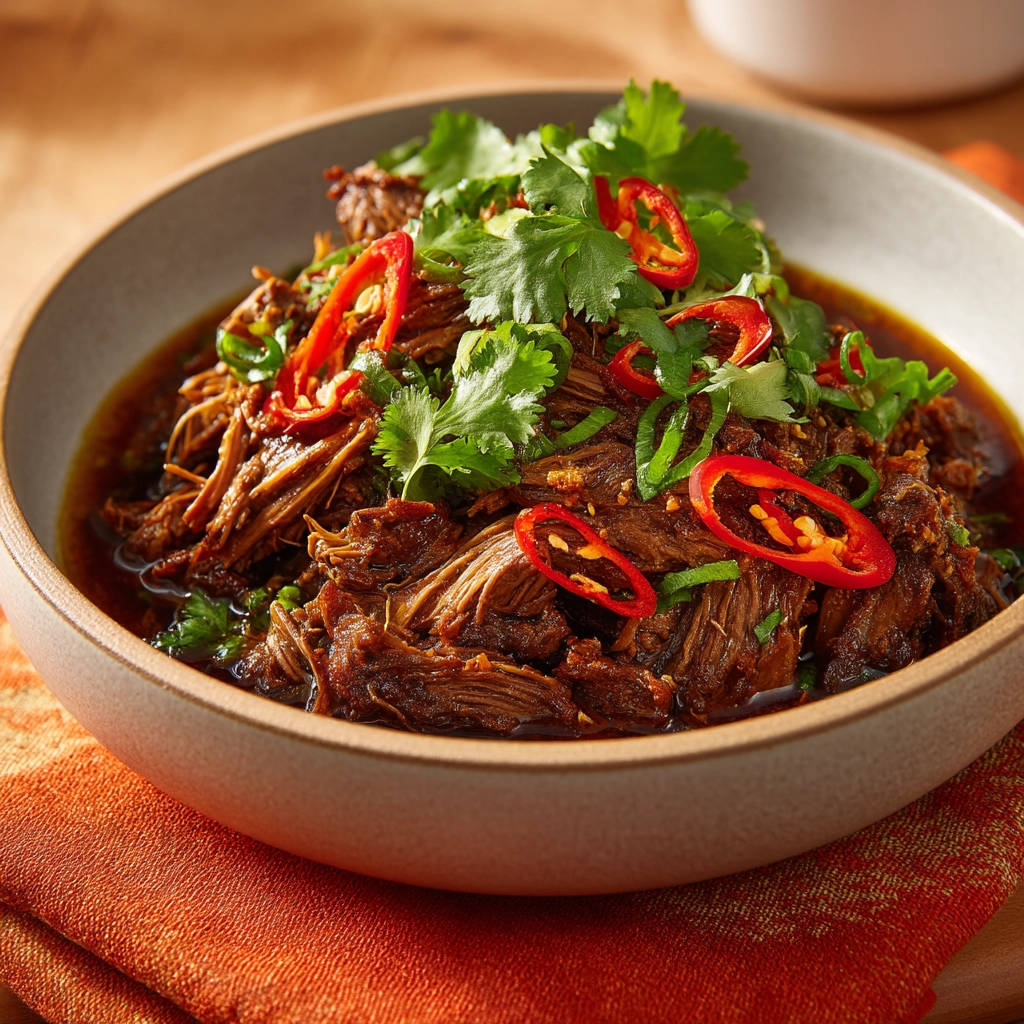 Incredibly moist shredded beef garnished with cilantro and sliced red chilies in a bowl.