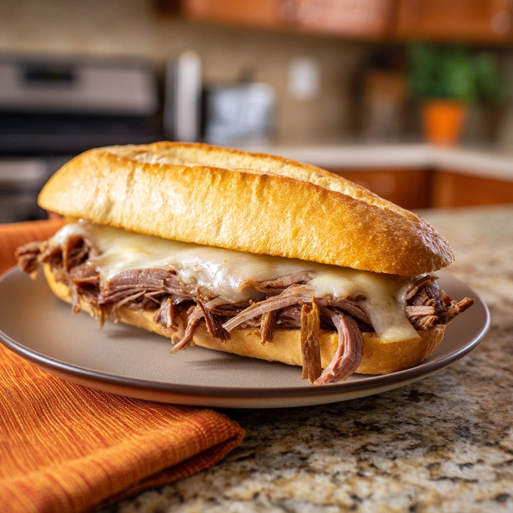 Ultimate shredded beef sandwich with melted cheese, served on a plate with an orange napkin.
