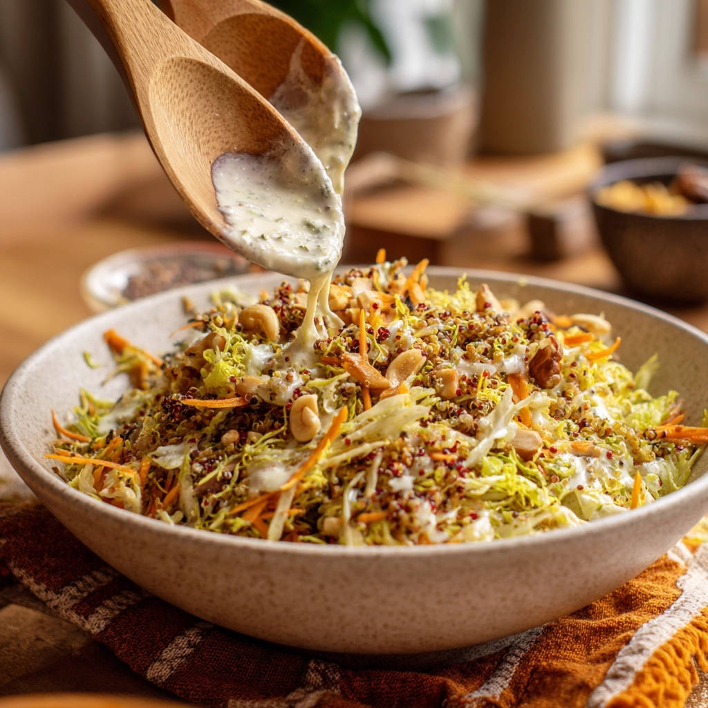 Shredded power salad with dressing being poured from wooden spoons onto the colorful ingredients.