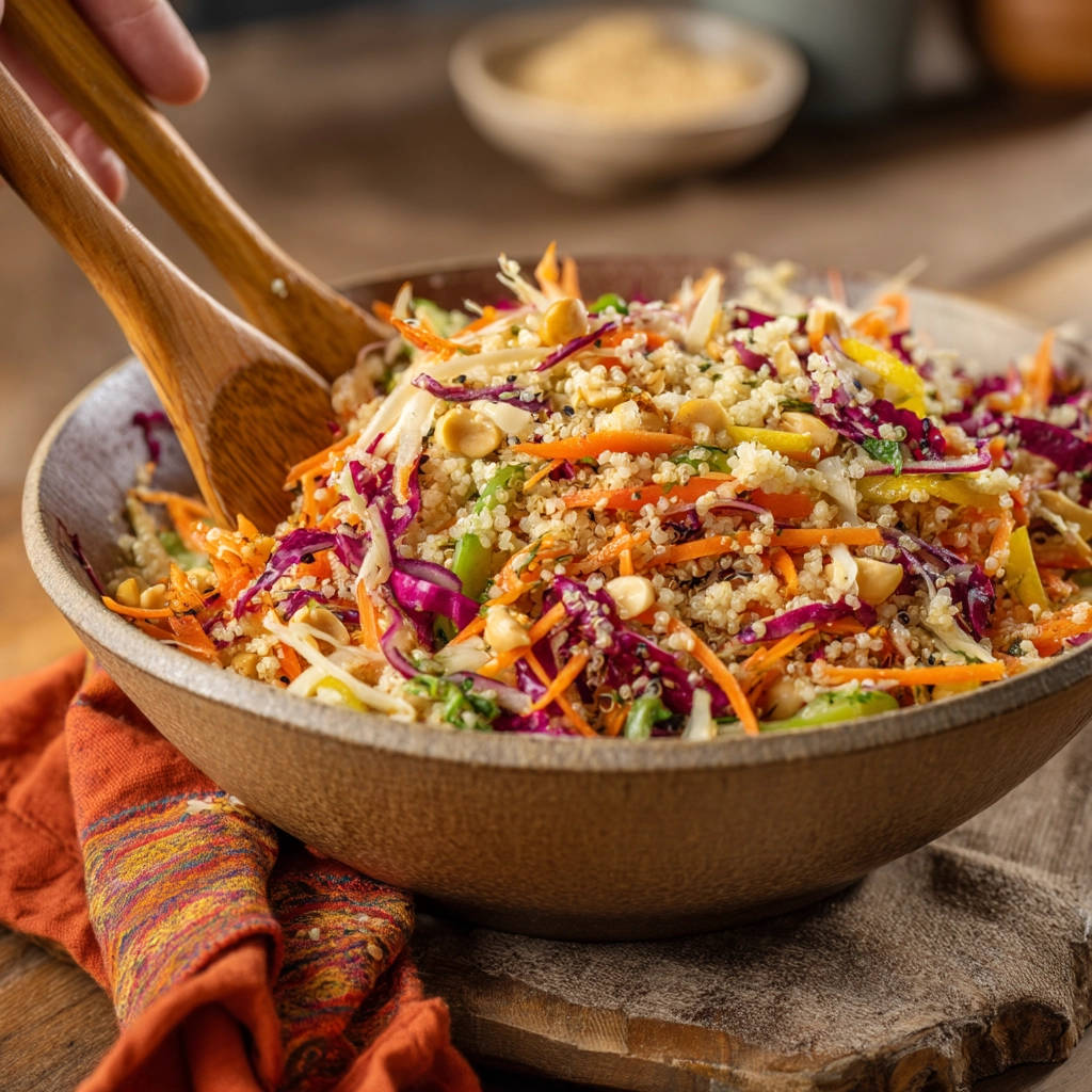 Shredded power salad being tossed in a wooden bowl with two large wooden salad servers.
