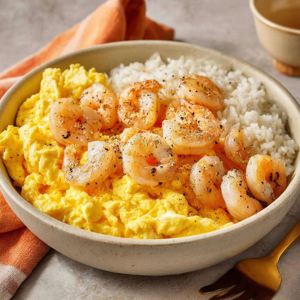 Shrimp and Scrambled Egg Rice Bowl: Fluffy Eggs Every Time! - recipe image