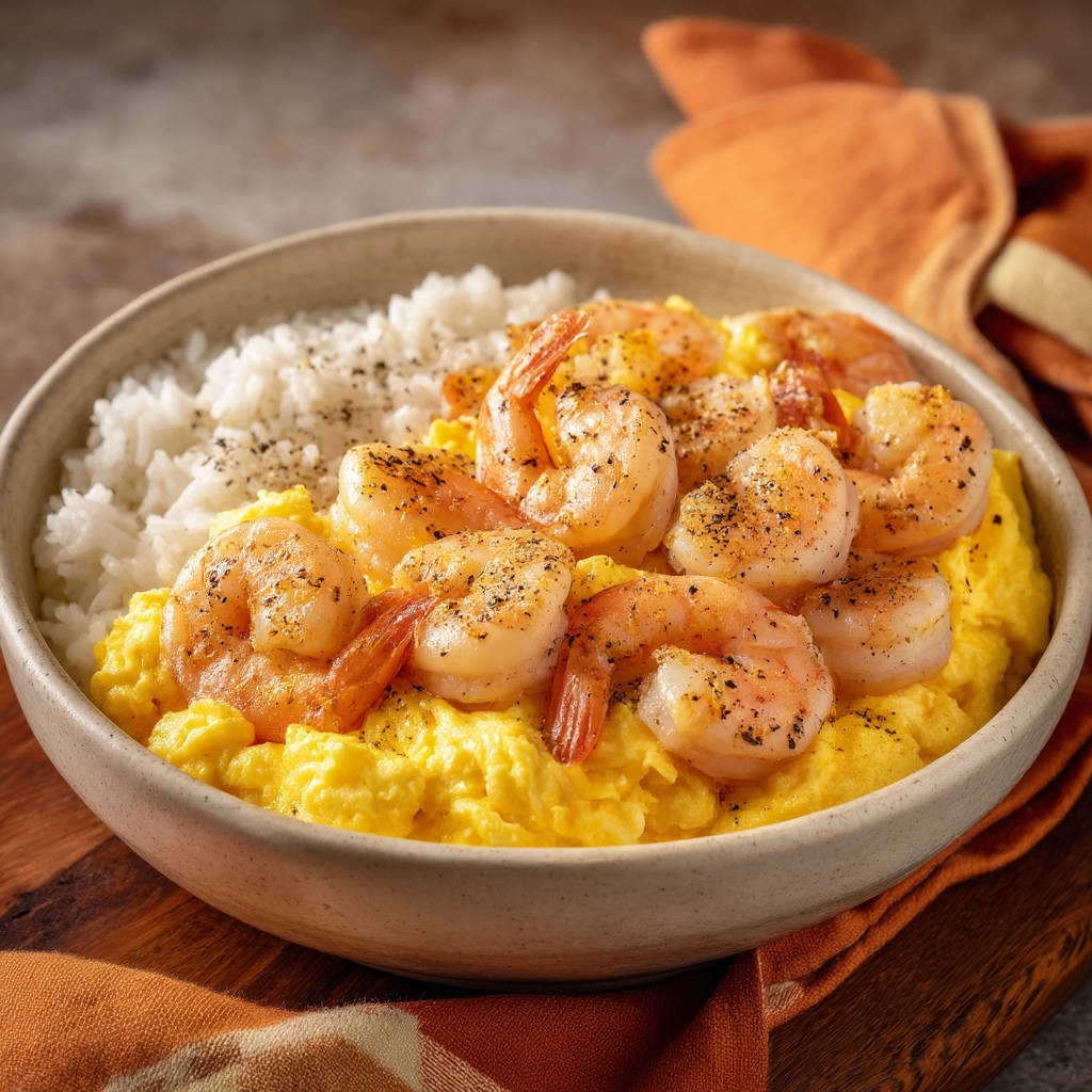 Shrimp and scrambled egg rice bowl featuring plump, seasoned shrimp nestled atop fluffy scrambled eggs.