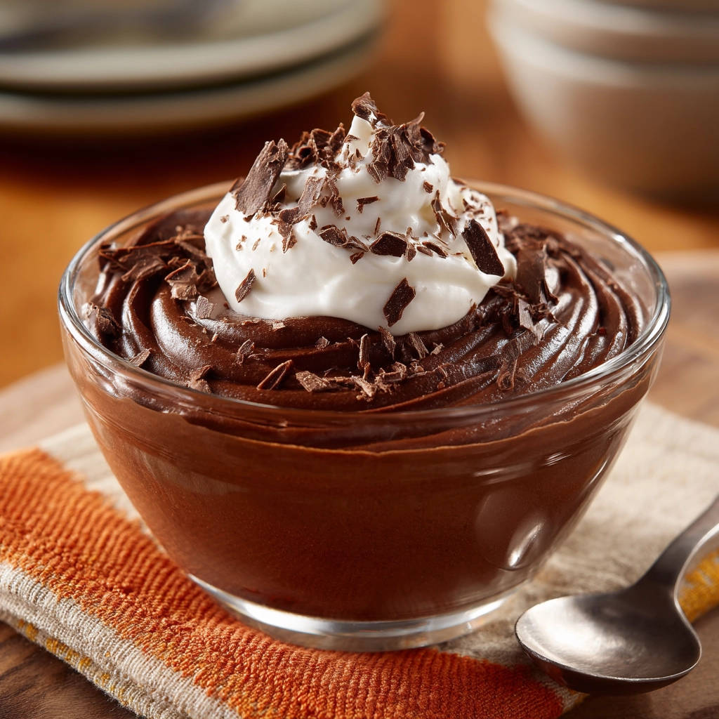 Silky chocolate pudding topped with whipped cream and shaved chocolate for a decadent garnish.