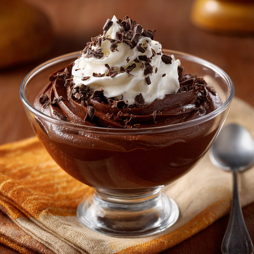 Silky chocolate pudding topped with whipped cream and chocolate shavings in a glass dish.