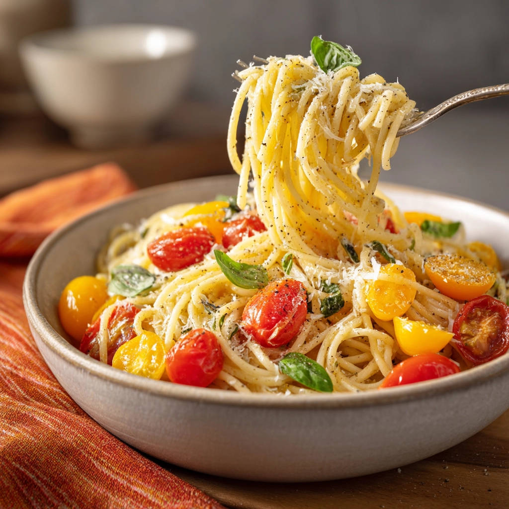 Simple tomato basil spaghetti with a forkful lifted, showing fresh tomatoes and basil.