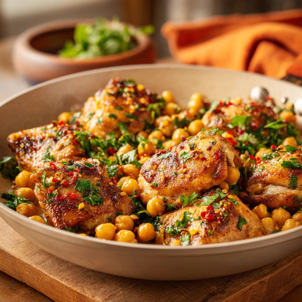 Skillet chicken, chickpeas and greens served in a bowl, generously garnished with fresh herbs and chili flakes.