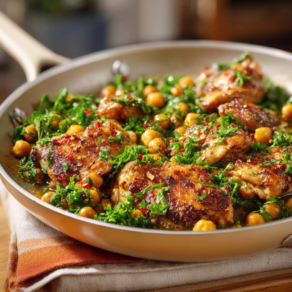 Skillet chicken, chickpeas and greens shown in a close-up view within the cooking pan.
