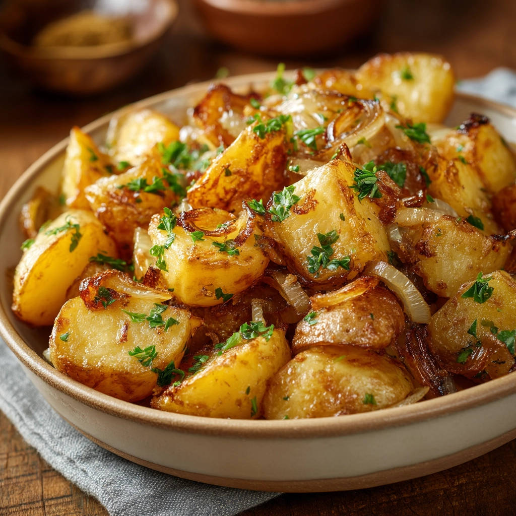 Perfectly crispy skillet potatoes and onions with fresh parsley garnish, shown in a close-up view.