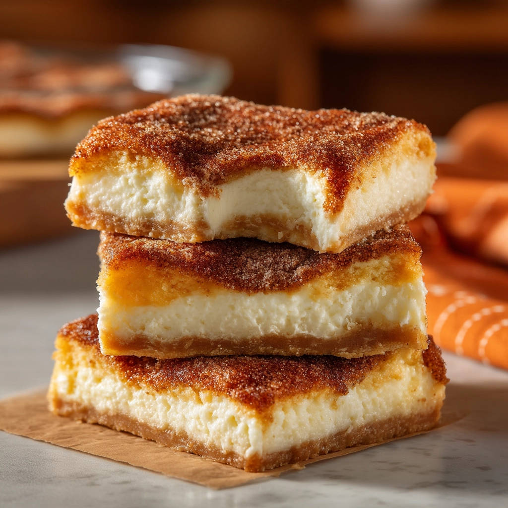 Snickerdoodle cheesecake bars stacked with a bite taken out of the top bar, showing the creamy interior.