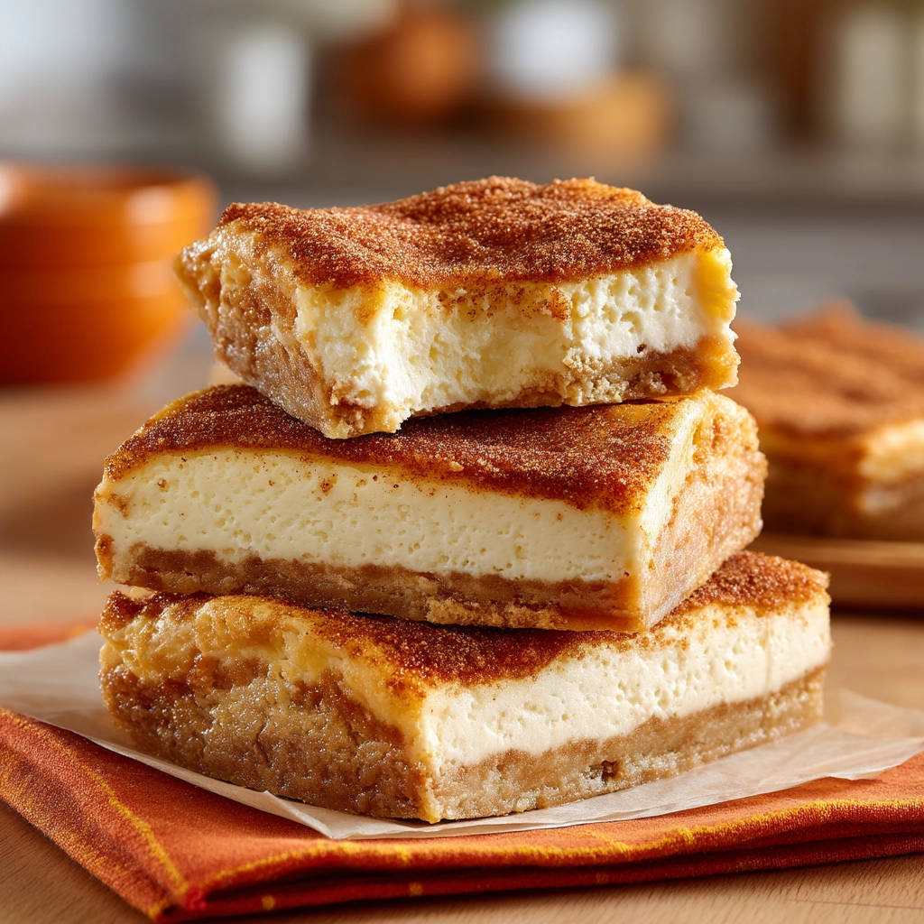 Snickerdoodle cheesecake bars stacked with a close-up view of the creamy interior and cinnamon-sugar topping.