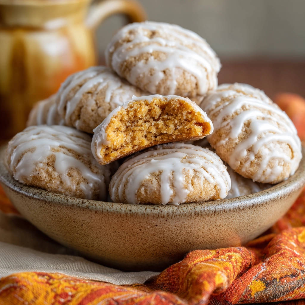 Soft spiced glazed cookies with a close-up cross-section revealing a tender, spiced interior.