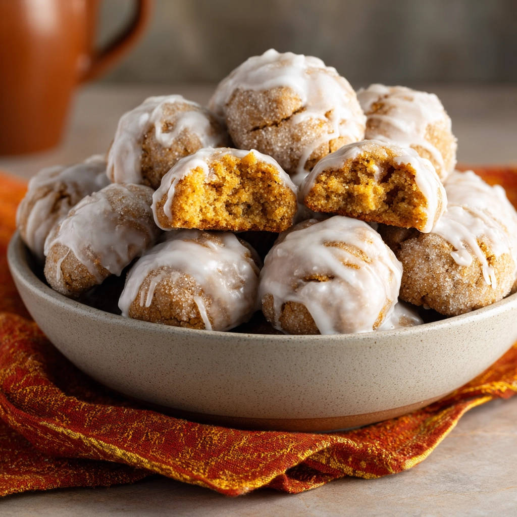 Soft spiced glazed cookies shown in a bowl with a close-up cross-section revealing their tender interior.