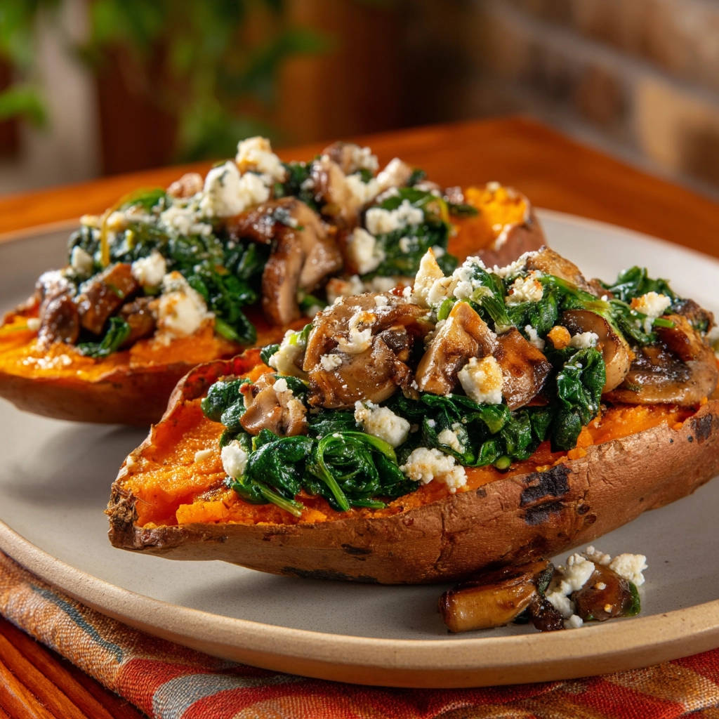 Soft spinach mushroom stuffed sweet potatoes are presented as a plated serving, highlighting the topping detail.