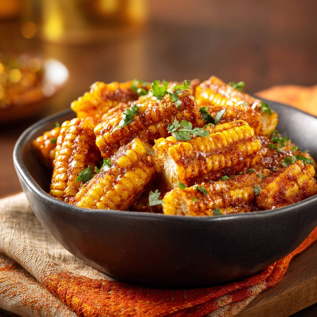 Spiced corn ribs in a black bowl, generously coated in seasoning and garnished with fresh parsley.