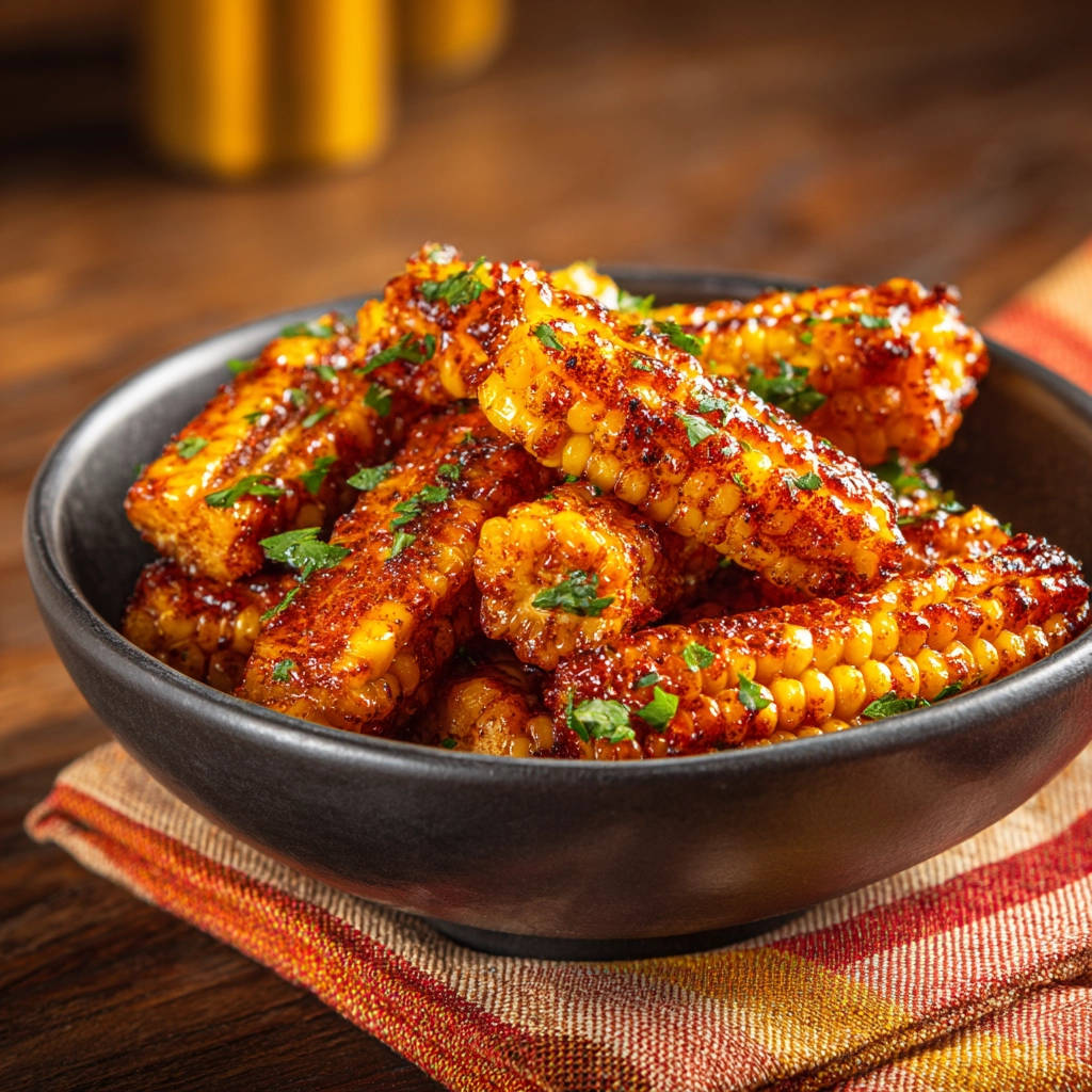 Spiced corn ribs, a flavorful appetizer, piled high in a dark bowl and garnished with fresh parsley.