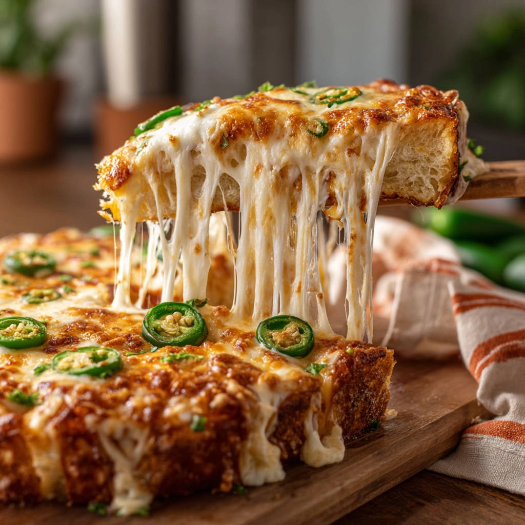 Spicy cheesy bread with a slice being pulled, showing long strings of melted cheese and jalapeños.
