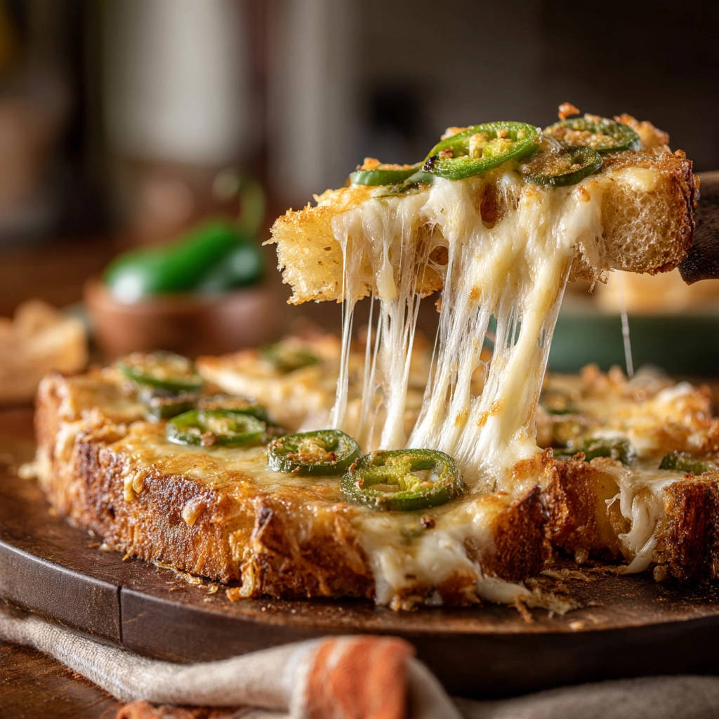 Spicy cheesy bread with a dramatic stringy cheese pull being lifted from the loaf.