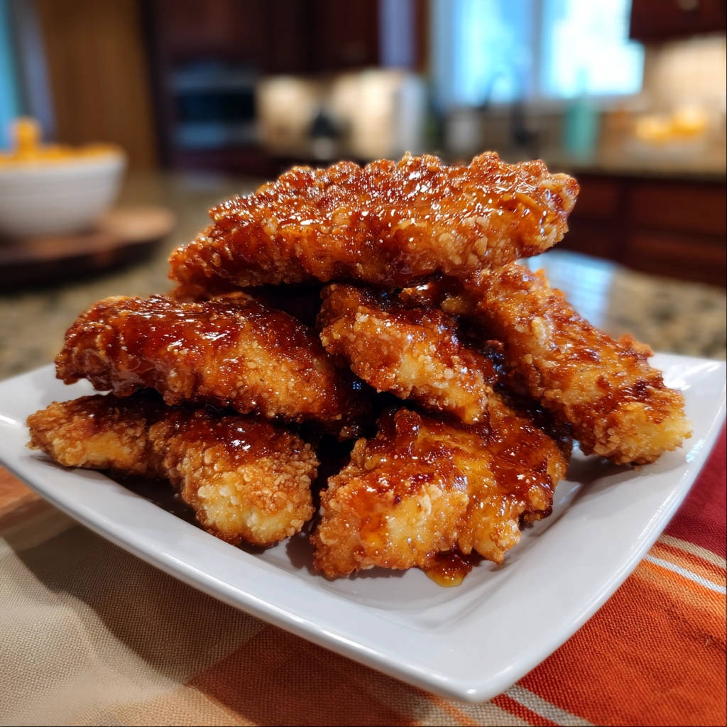 Spicy glazed chicken tenders piled high on a white plate, showing their textured coating and glossy glaze.