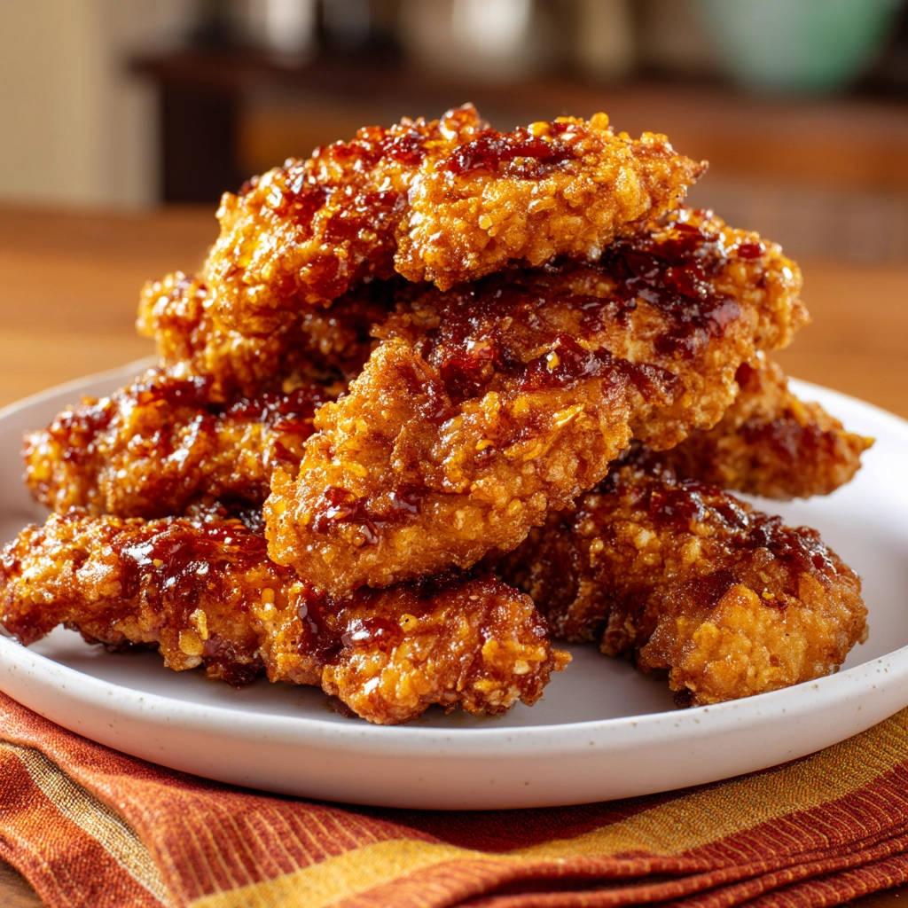 Spicy glazed chicken tenders stacked on a white plate, showcasing their textured coating and glistening sauce.