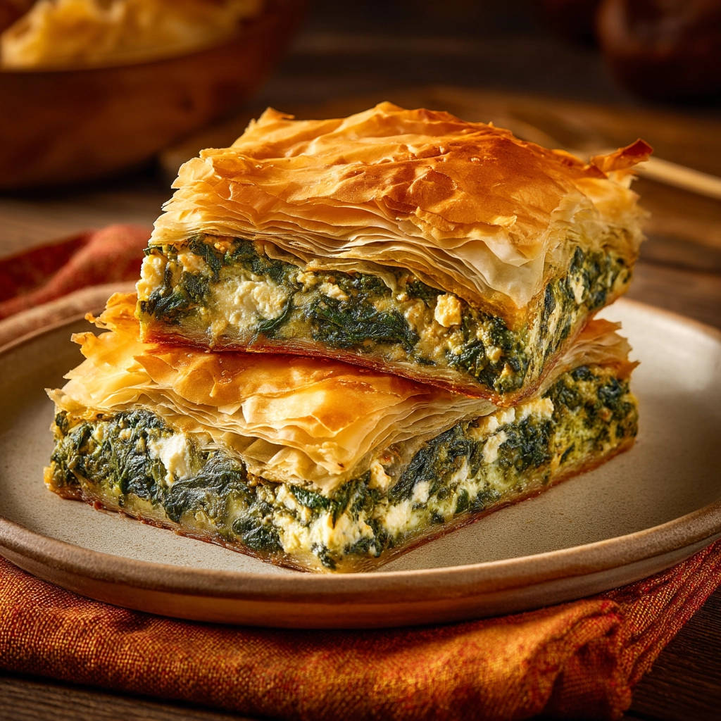 Wonderful classic spinach & feta pie shown as stacked slices revealing the flaky pastry and cheesy spinach filling.