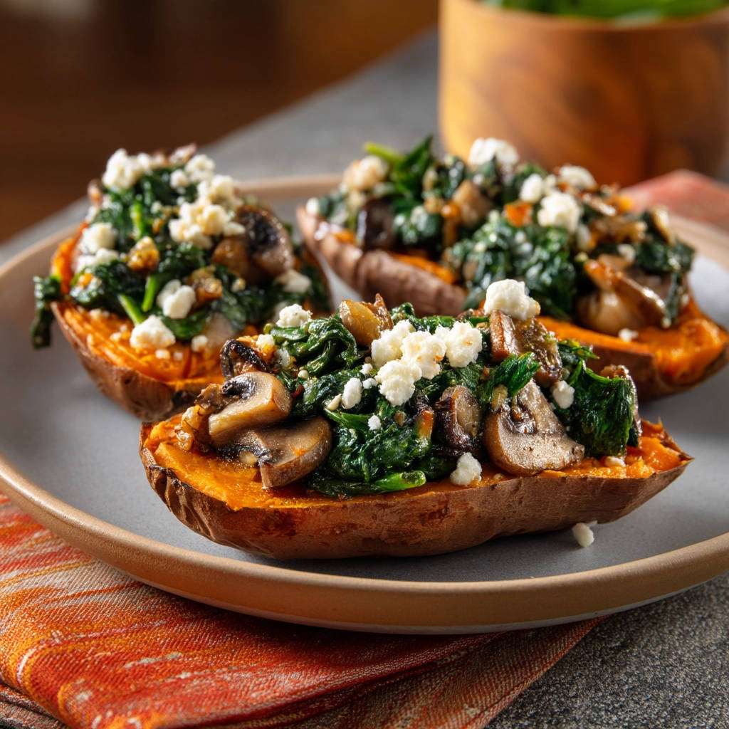 Soft spinach mushroom stuffed sweet potatoes served on a plate, showcasing the topping and filling.