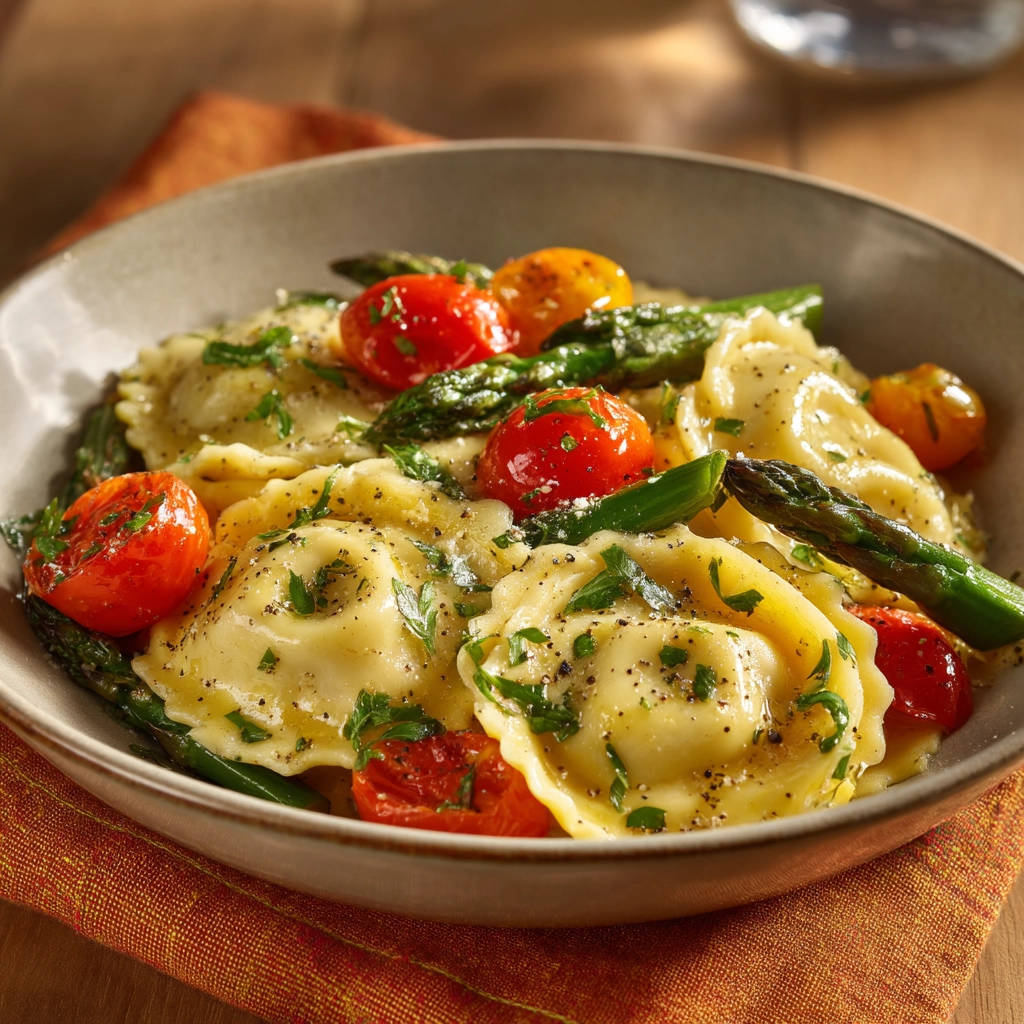 Spring ravioli with tomatoes and asparagus in a bowl, showing a close-up view of the pasta and fresh ingredients.
