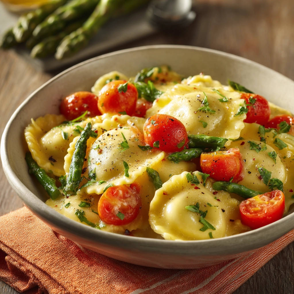 Spring ravioli with tomatoes and asparagus in a bowl, a close-up view showing the vibrant ingredients and pasta.