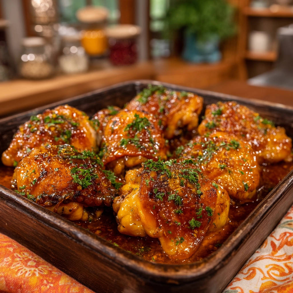 Sticky glazed chicken thighs with crispy skin, showcasing a close-up detail of the fresh parsley garnish.