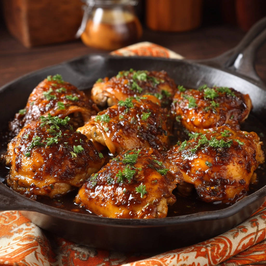 Sticky glazed chicken thighs with crispy skin served in a cast iron skillet, generously garnished with fresh parsley.