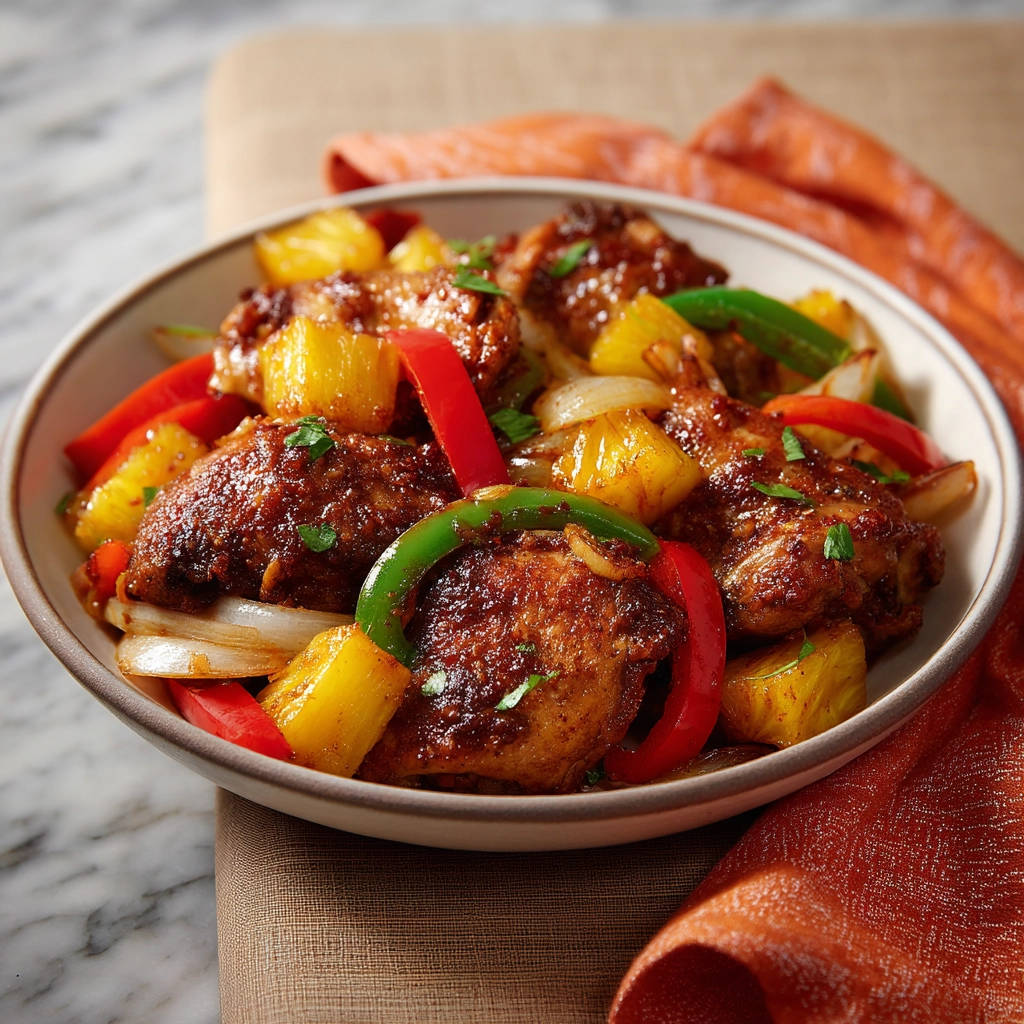Sticky pineapple chicken in a bowl with bell peppers, onions, and pineapple chunks, garnished with parsley.