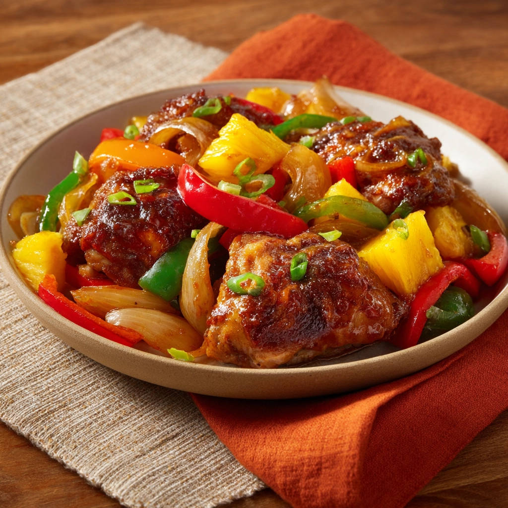 Sticky pineapple chicken served on a plate with bell peppers, onions, and pineapple chunks, garnished with green onions.