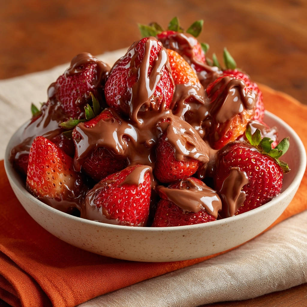 Strawberries with chocolate drizzle in a bowl, showcasing the rich chocolate coating and fresh red berries.
