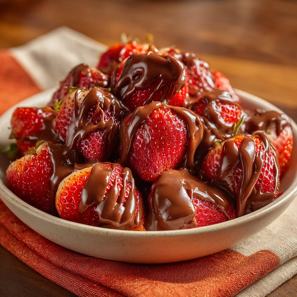Strawberries with chocolate drizzle in a bowl, showcasing a close-up view of the glossy chocolate coating on ripe red berries.