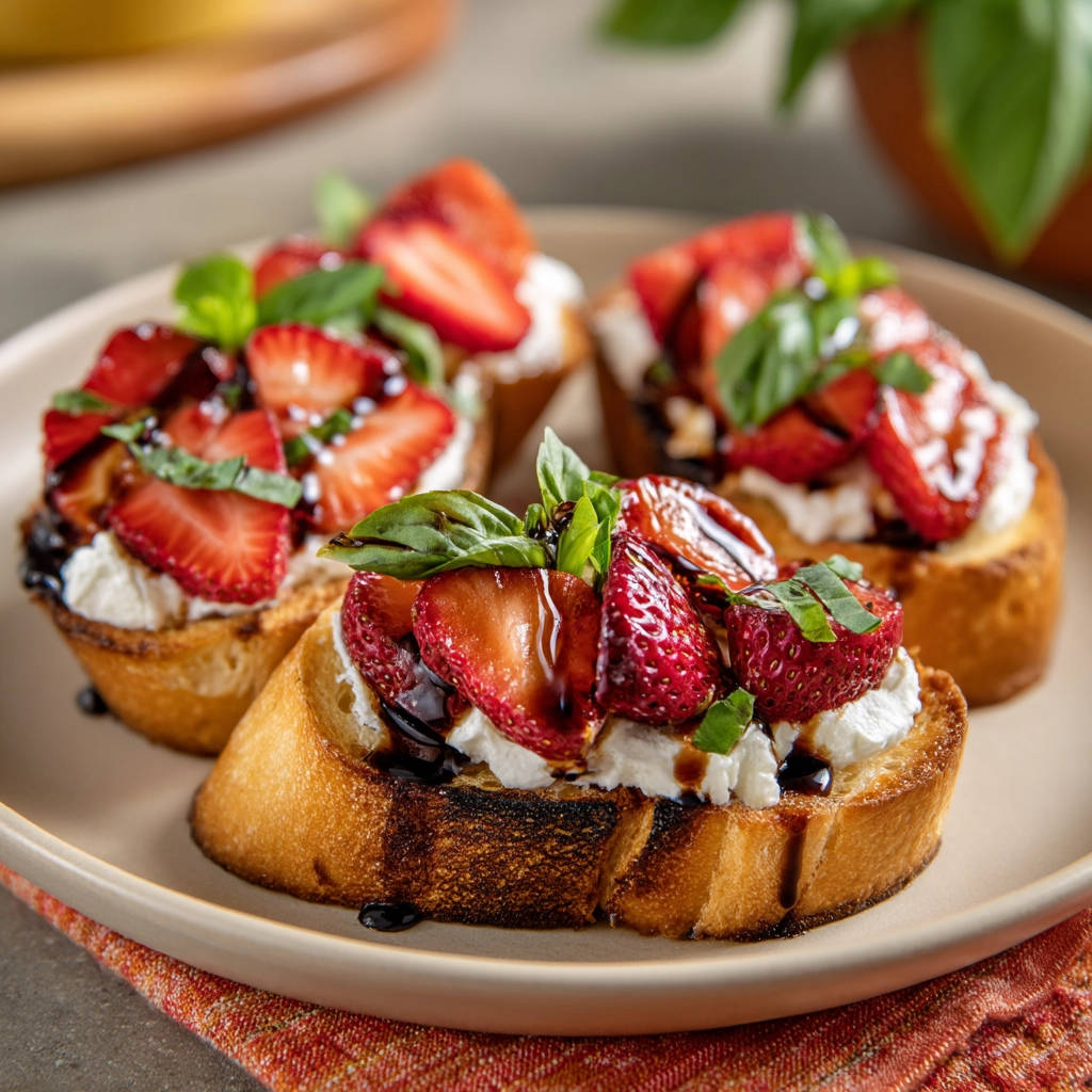 Easy strawberry balsamic bruschetta served on a plate, showcasing a close-up view of the fresh toppings.